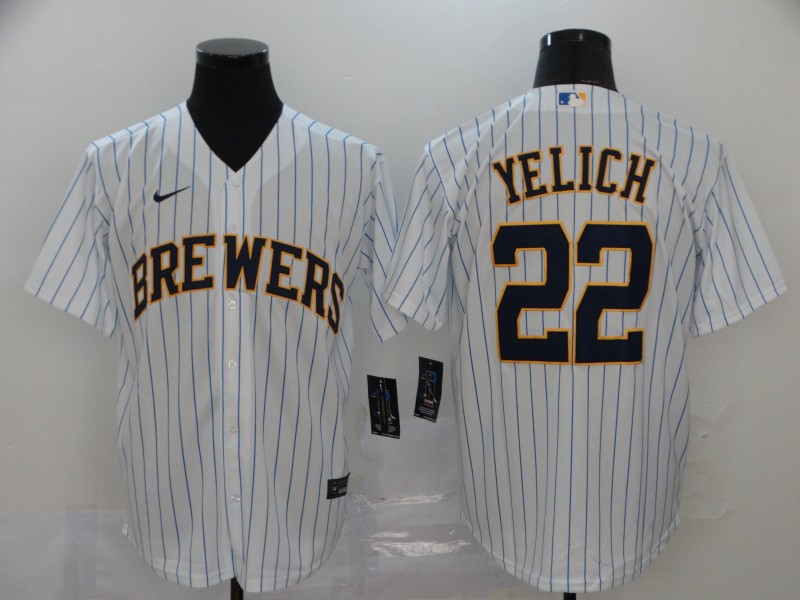 Men Milwaukee Brewers 22 Yelich White stripes Nike Game MLB Jerseys